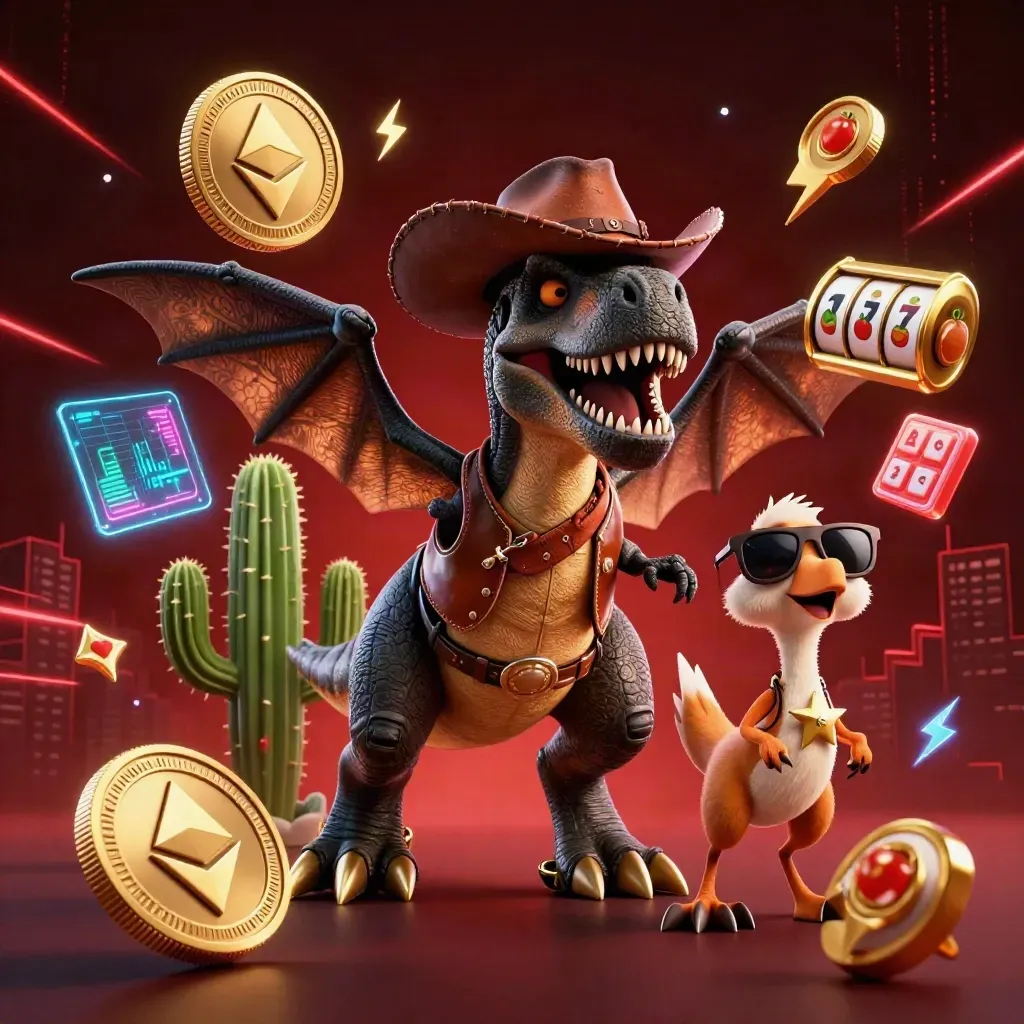 Cowboy T-Rex, cactus sidekick, and sheriff roadrunner amid neon coins and casino tech