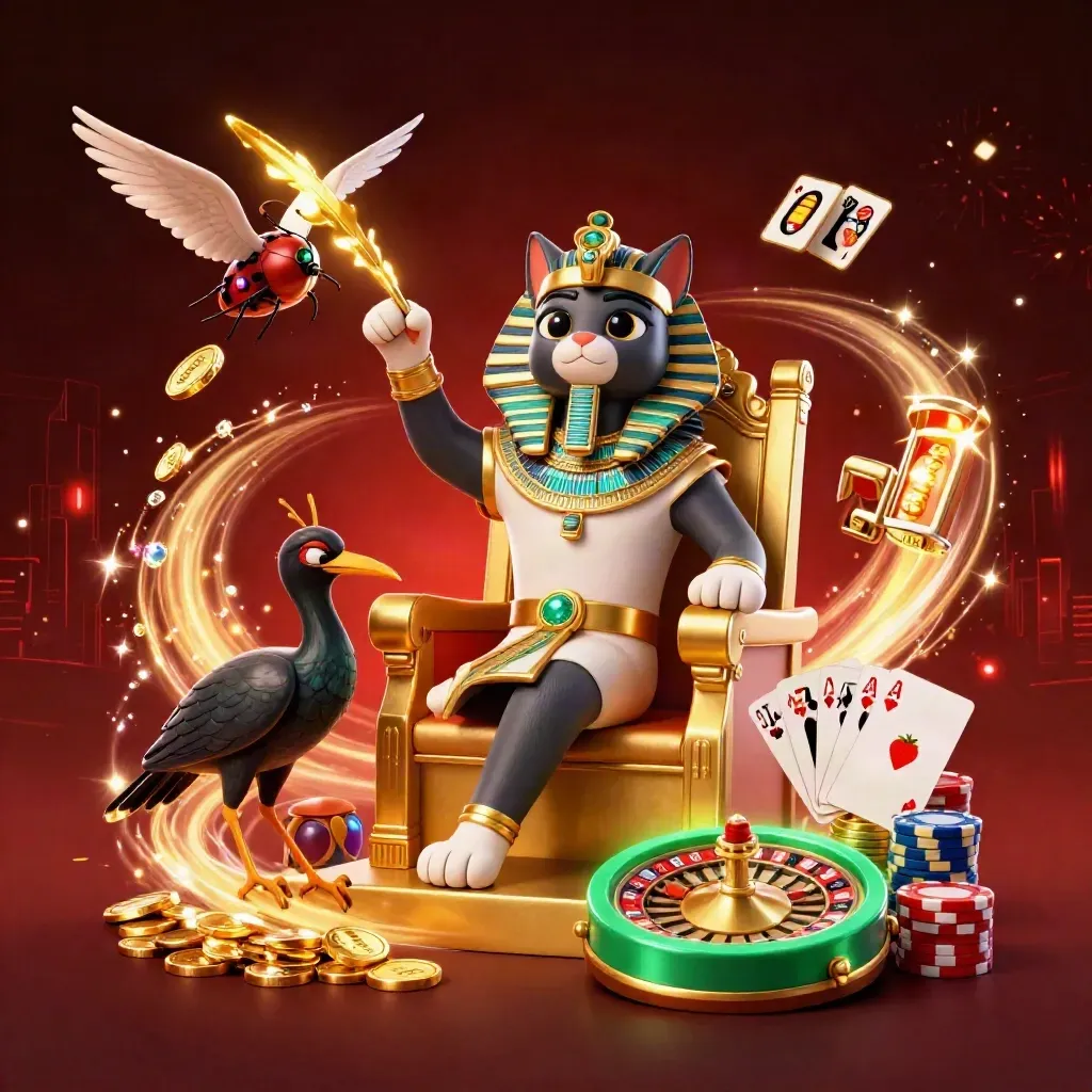 Pharaoh cat, ibis scribe and gem scarabs amid coins, roulette wheel and glowing casino effects