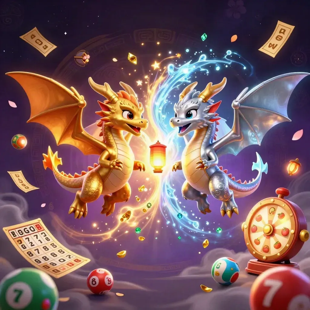 Twin gold and silver dragons swirl around a lantern spirit amid casino magic and neon effects.