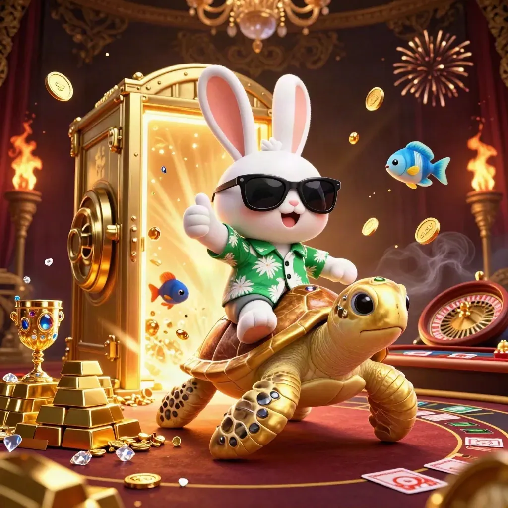 Lucky rabbit rides golden sea turtle amid vault blast, gold, gems, roulette, cards, dark luxe casino glow
