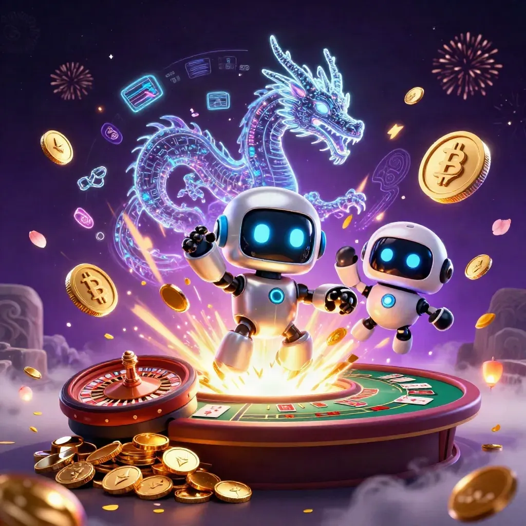 Cyberpunk casino trio bursts through coins, dragon energy, roulette spin, and neon sparks.