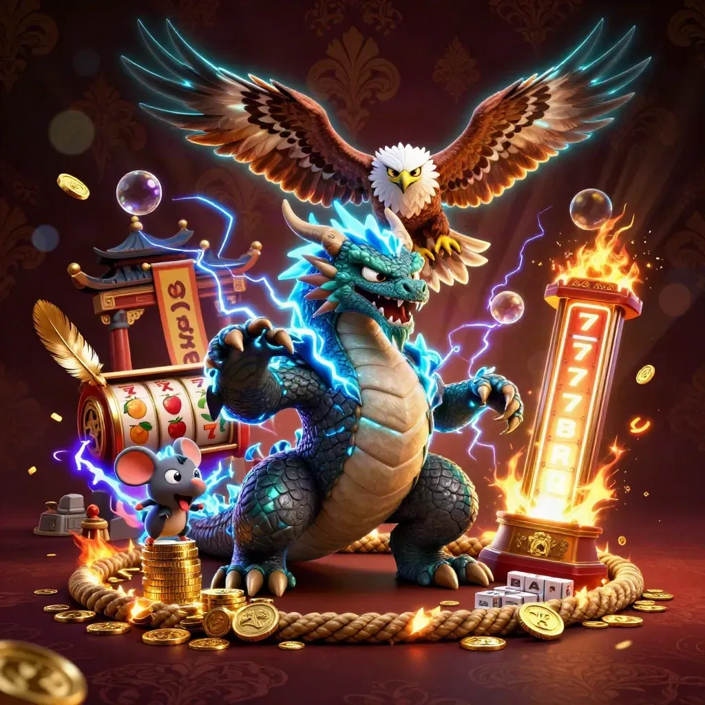 Thunder dragon, wind hawk, and static mouse amid casino symbols and gold light.