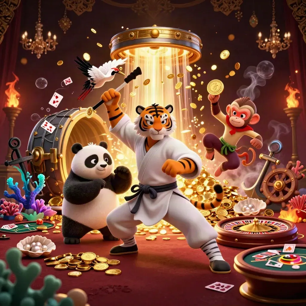 Kung-fu tiger, panda, and monkey amid exploding gold coins, treasure cove, roulette wheel, luxe casino glow