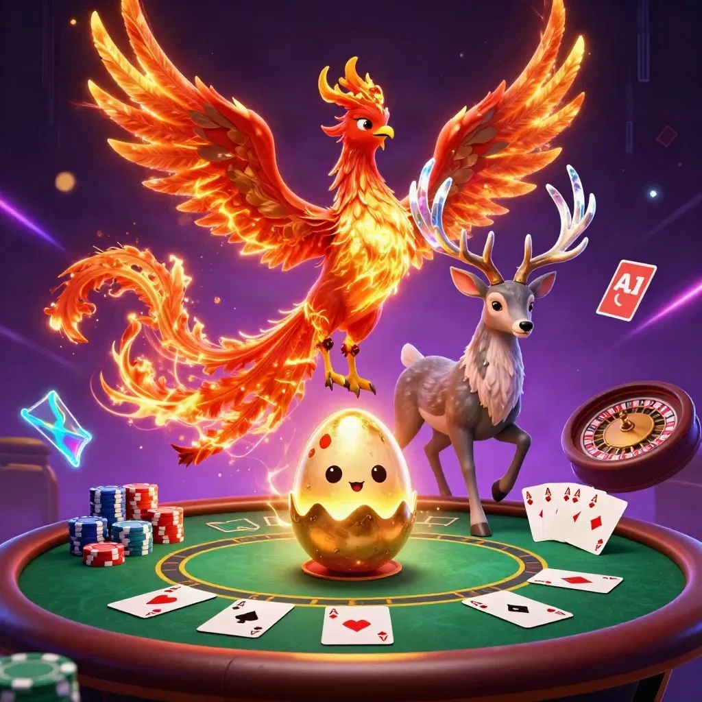 Blazing phoenix, baby hatchling, crystal stag, and casino treasures in luxe neon on dark purple.