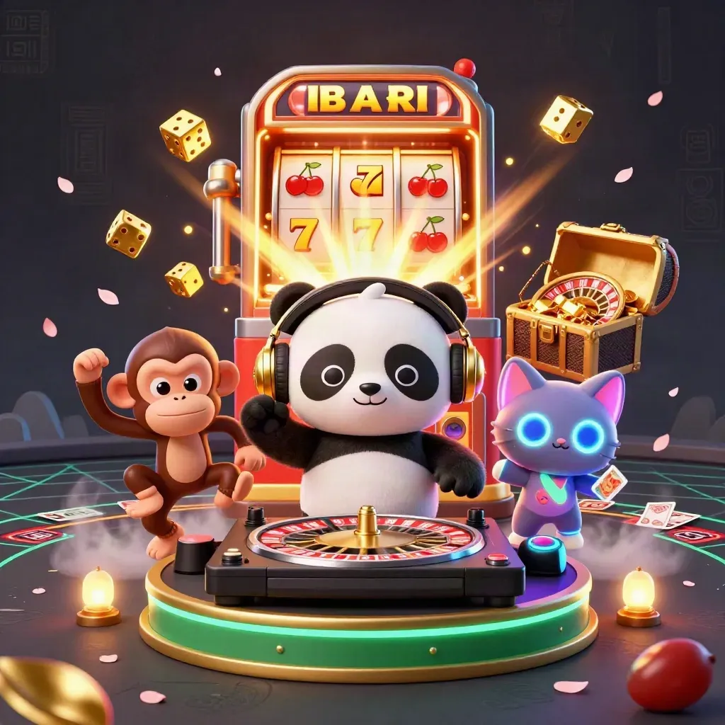 Panda DJ, dancing monkey, and glow-stick kitten amid casino jackpot effects.
