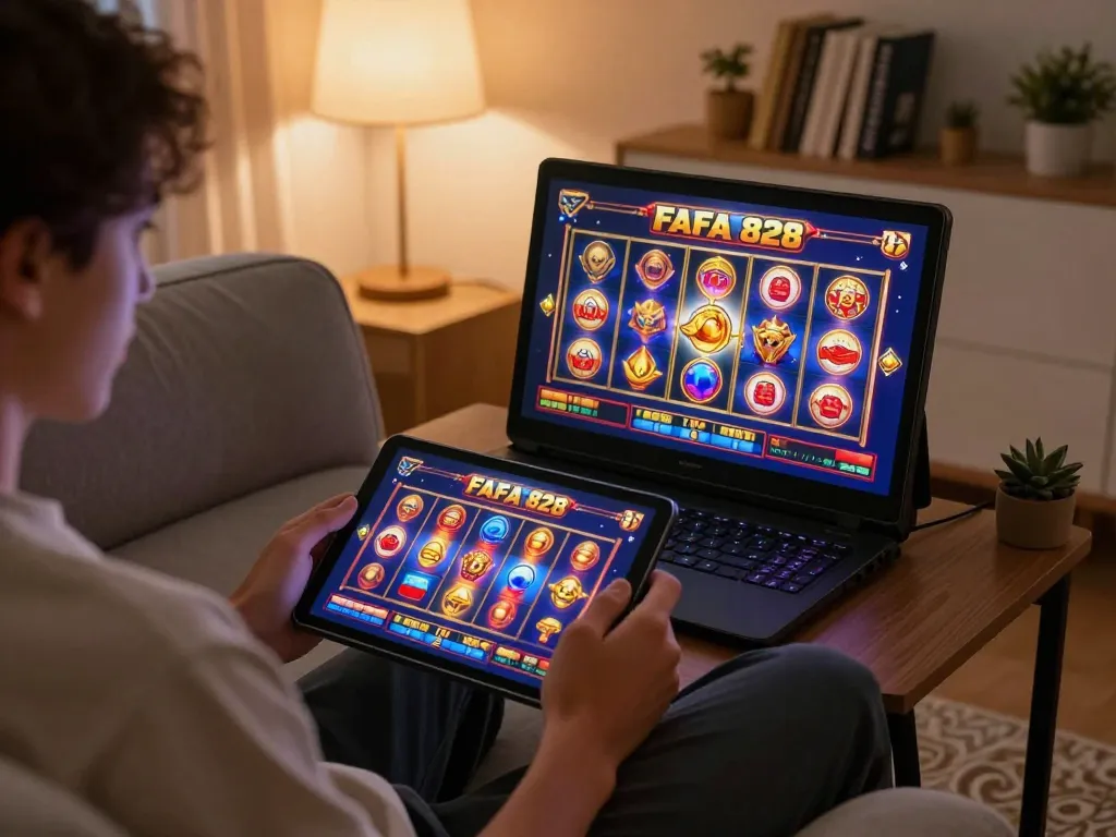 Engaging in FAFA 828 gaming on a tablet in a cozy home setup, highlighting responsible gambling.