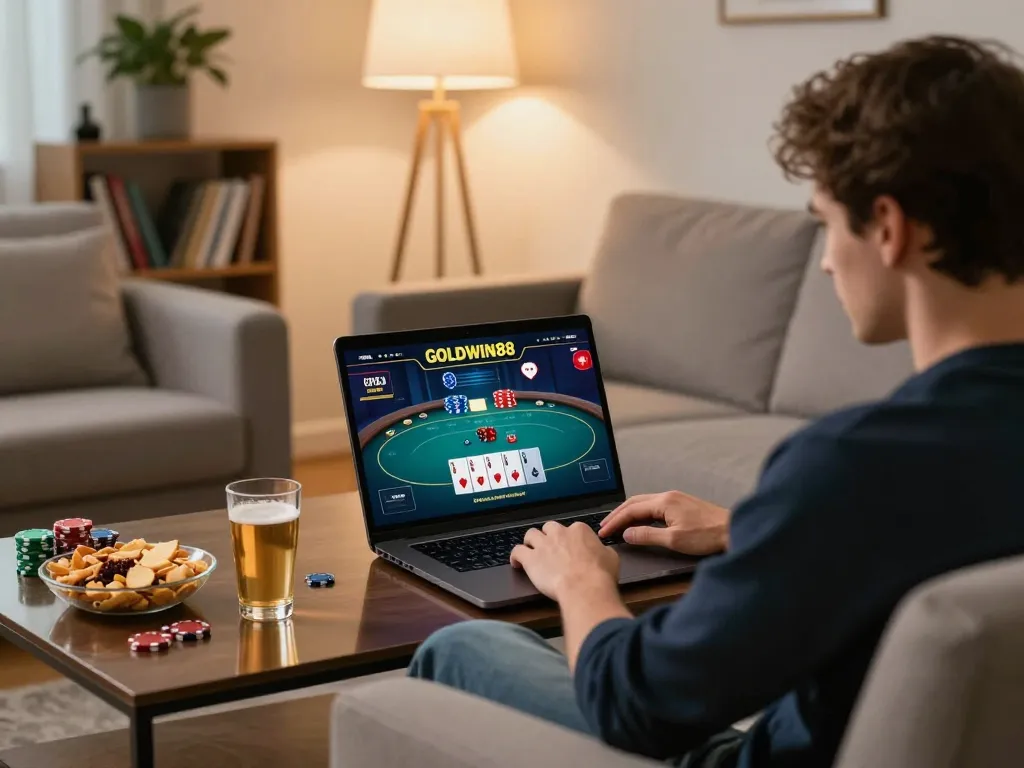 Pemain poker online GOLDWIN88 menikmati permainan di rumah dengan laptop dan cemilan
