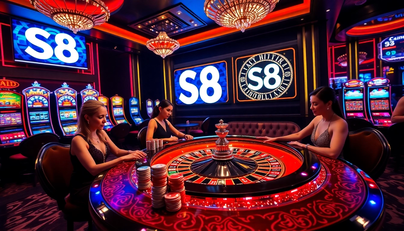 S8 casino players celebrating a win at a roulette table with vibrant lighting.