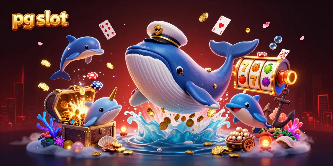 Spin the reels of pg slot games with a vibrant 3D illustration of a whale, narwhal, and dolphins.