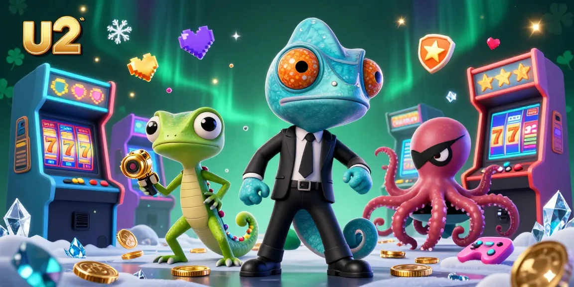 Experience dynamic gaming at u2 casino with a vibrant 3D scene showcasing colorful slot machines and engaging characters.