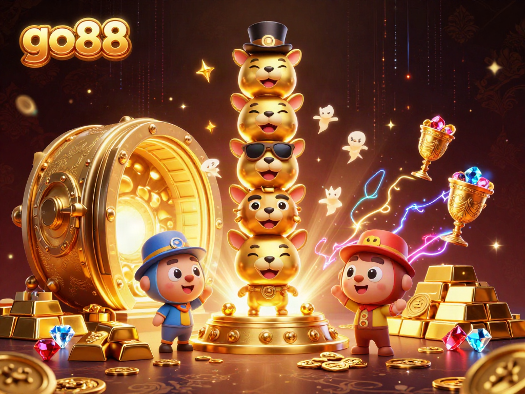 Play exciting games at go88, featuring a vibrant 3D totem pole amidst treasures.