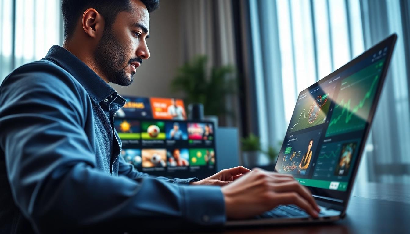 Engaging scene of a user exploring Nhà Cái Uy Tín with vibrant digital graphics and professional atmosphere.
