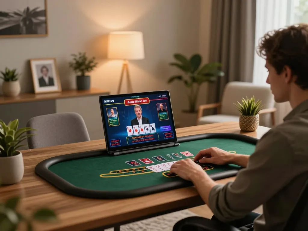 Engaging in live dealer blackjack online with 8xbet, showcasing a modern gaming setup at home.