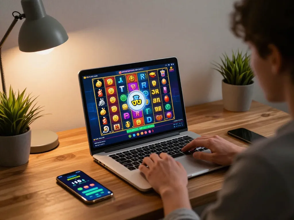 B52CLUB user engaged in vibrant slot game on laptop with responsible gaming practices visible.