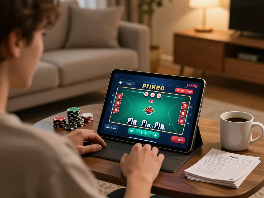 Engaging in a poker game on a tablet while enjoying home comforts at LV88.