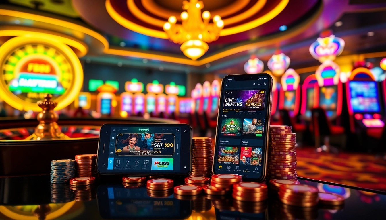 Engage with the thrilling world of FB88 online betting, showcasing vibrant casino elements and gaming excitement.