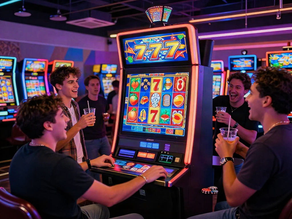 Players enjoying a thrilling slot machine experience in a vibrant casino setting, showcasing excitement and energy.