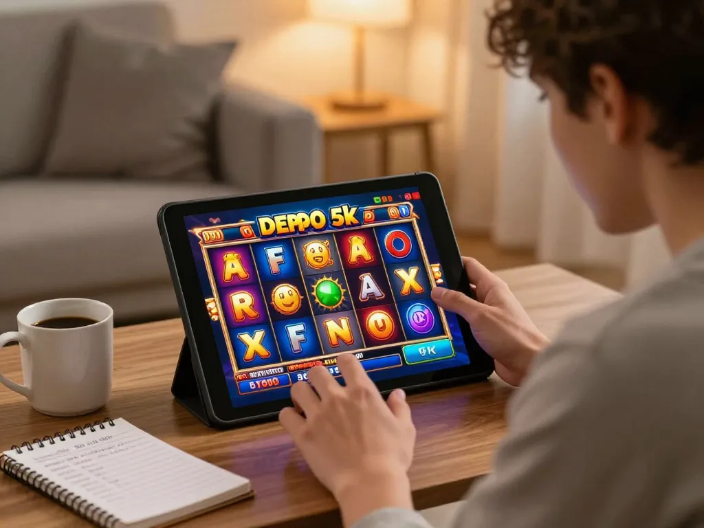Player engaging in exciting slot depo 5k games on a tablet in a cozy living room.