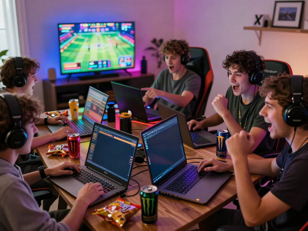Friends enjoying akunjp gaming with laptops and snacks in a vibrant living room.