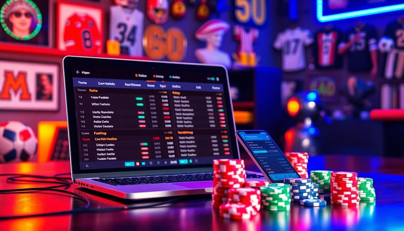 Experience แทงบอลยังไง in a high-tech online betting environment with vibrant visuals of sports odds and digital interfaces.