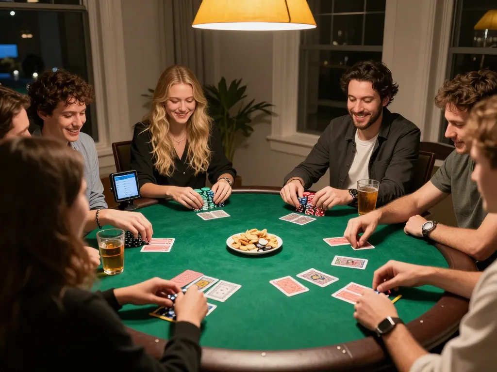 Friends enjoying a home poker night while tracking strategies on jikankasi app, showcasing an exciting atmosphere