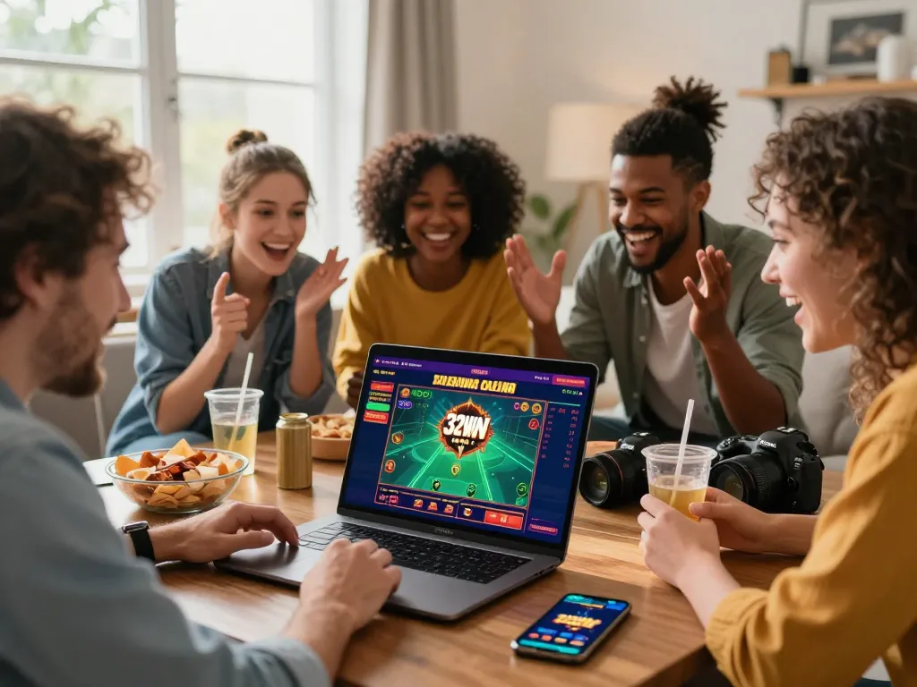 Friends enjoying online gaming at https://32win.agency/ with excitement and camaraderie in a lively atmosphere.