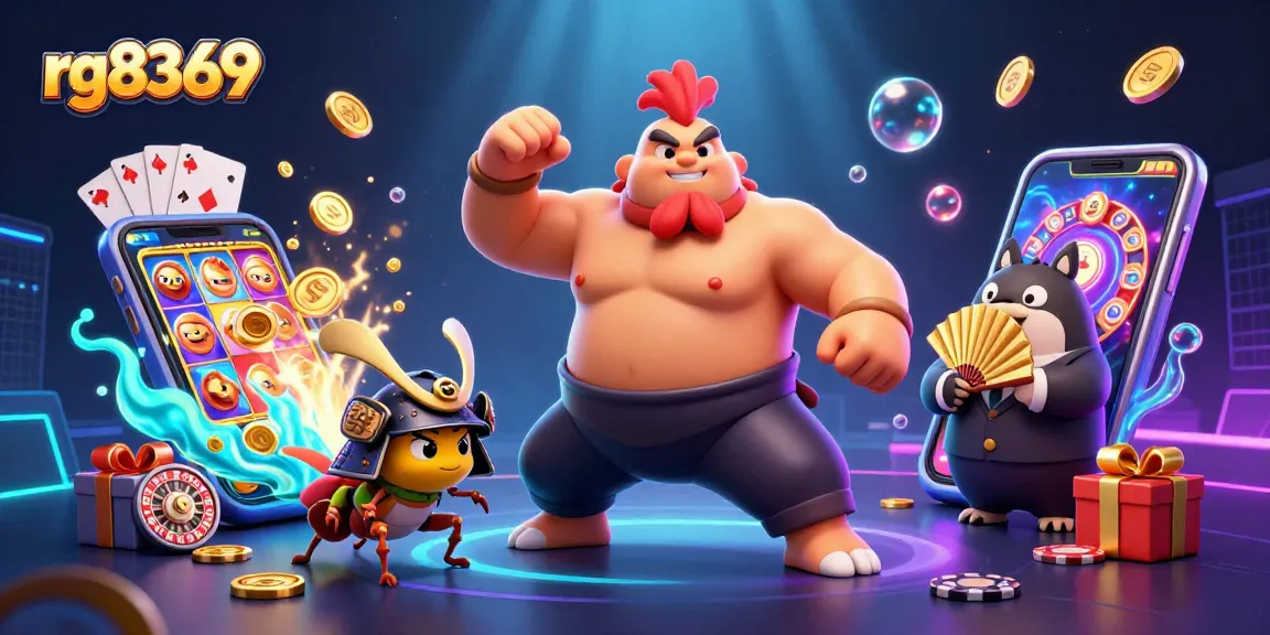 Experience the thrill of rg8369 with a powerful sumo rooster and samurai cricket amidst vibrant casino games.