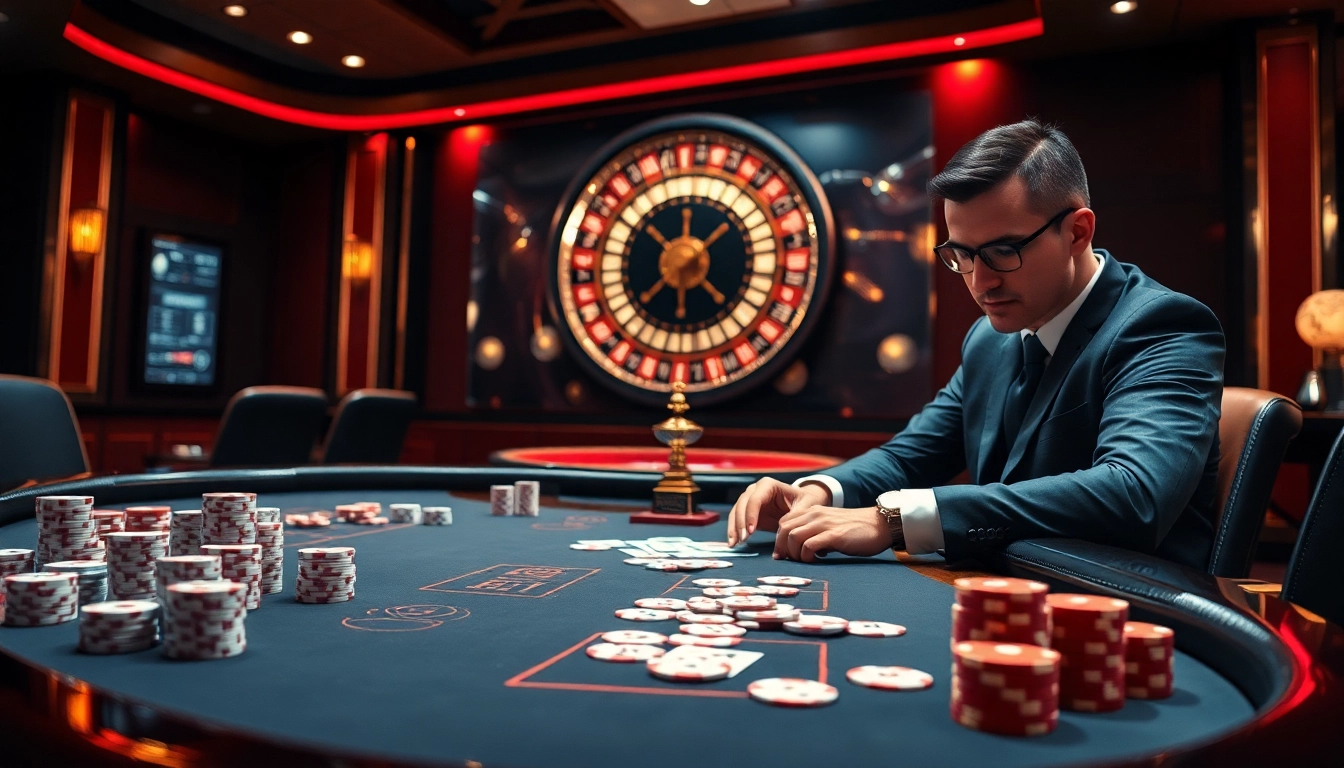 Exciting gambling scene at 123bet featuring luxurious casino tables and poker chips.