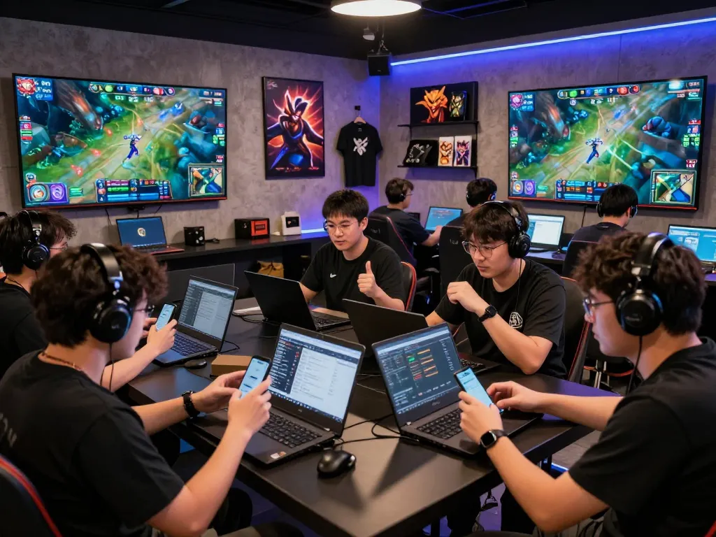 Engaged gamers in a lively esports lounge betting on Dota 2 at https://gglbetsg.org/dota2-betting/ with live match screens.
