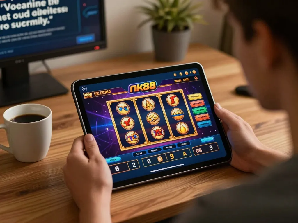 Experience nk88's exciting mobile casino games with an interactive tablet setup, showcasing vibrant graphics and strategic gameplay.
