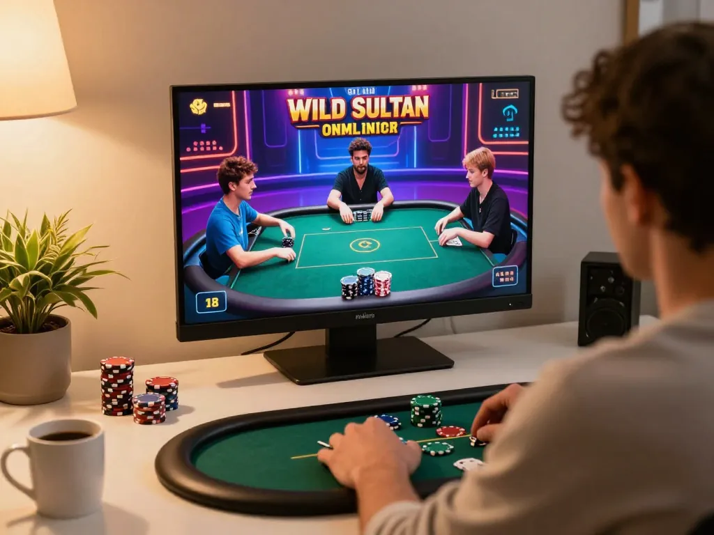 Engaging gameplay at Wild Sultan online casino showcasing poker strategies in a cozy home setting.