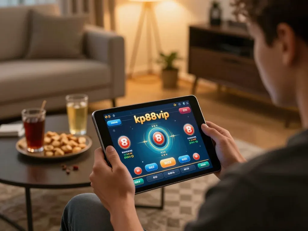 Player enjoying online gaming experience on kp88vip platform in a relaxing home environment.