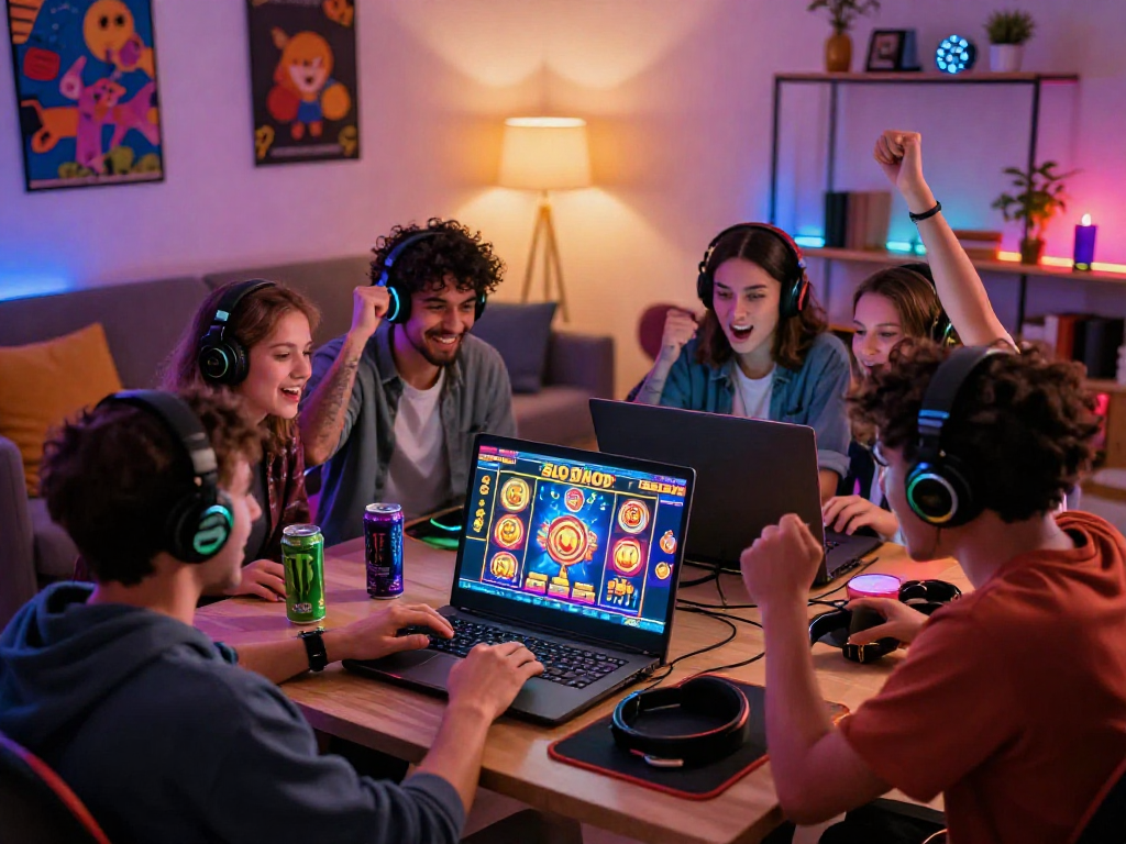 Friends enjoying a lively gaming session with slot88 online slots on a laptop.