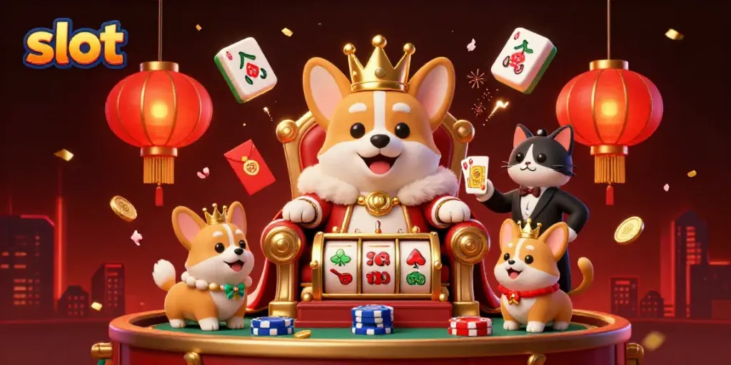 Experience excitement with slot-themed royal corgi and vibrant game elements in this 3D casino scene.