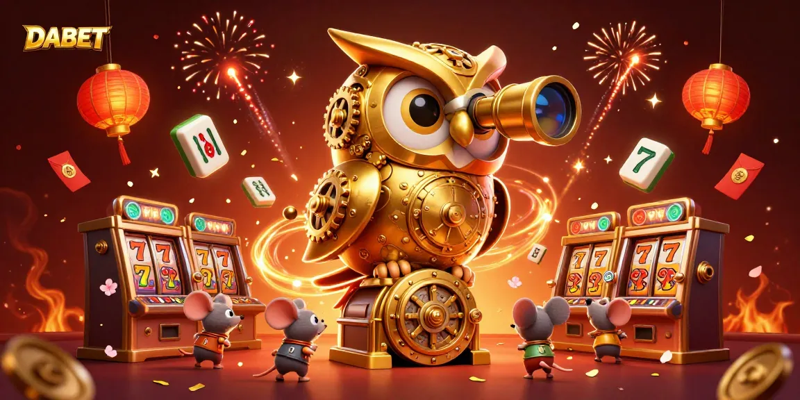 DABET showcases a vibrant casino scene with a golden owl and mice amidst slot machines.