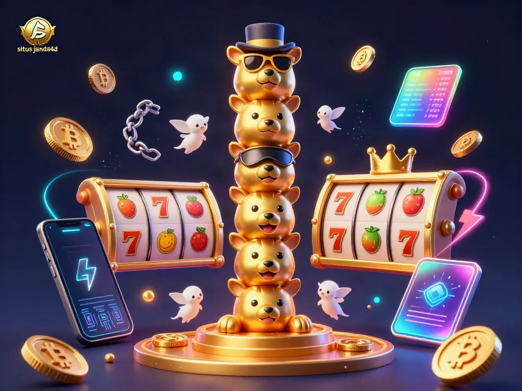 Situs janda4d menampilkan totem beruang emas dengan simbol slot yang berkilau dan koin crypto di sekelilingnya.