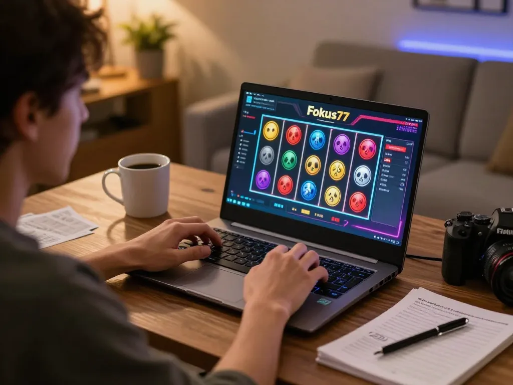 Engaged player enjoying Fokus77 online gaming while analyzing strategies