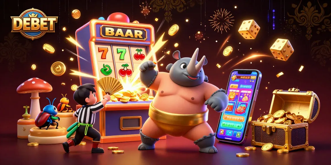 Experience thrilling DEBET casino action with a sumo champion beetle amidst flying coins and jackpot excitement.