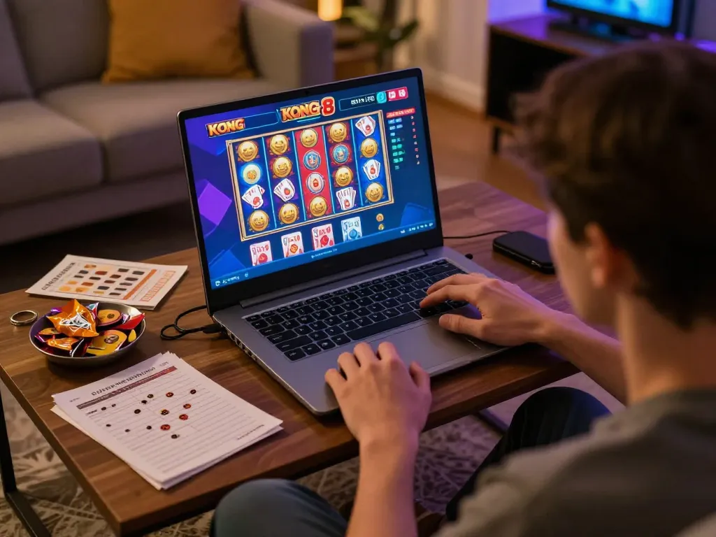 KONG 88 player engaging with online slots in a cozy living room, warm lighting enhancing the atmosphere.