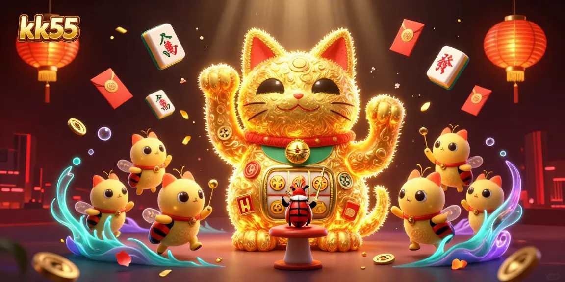 Feel the thrill of winning with kk55 as the lucky cat and vibrant casino symbols create an exciting atmosphere.