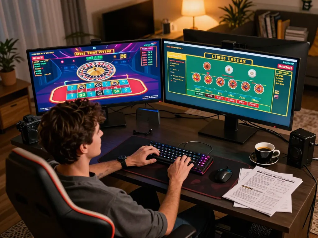 Engaging online gaming scene with focused player at home using multiple monitors, participating in XX88 TODAY games