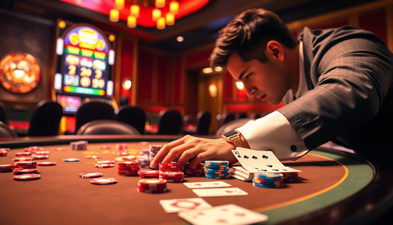 SODO Casino players engaging in high-stakes games with chips and cards on a luxurious table.