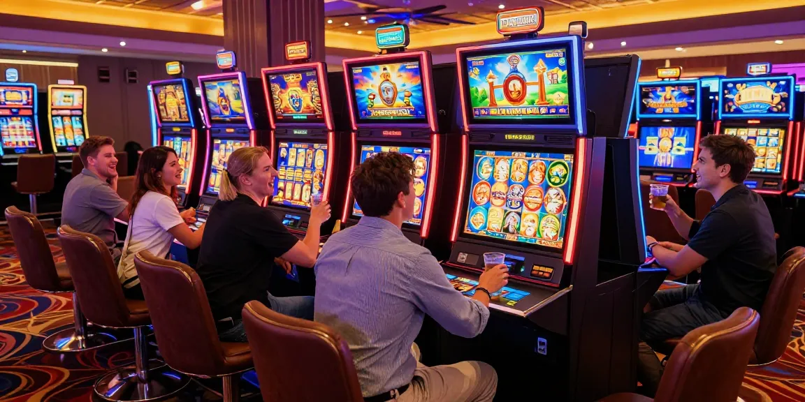 Enjoying bonus buy slots at chagency.co.uk with friends at a vibrant casino table packed with colorful slot machines and exciting gameplay.