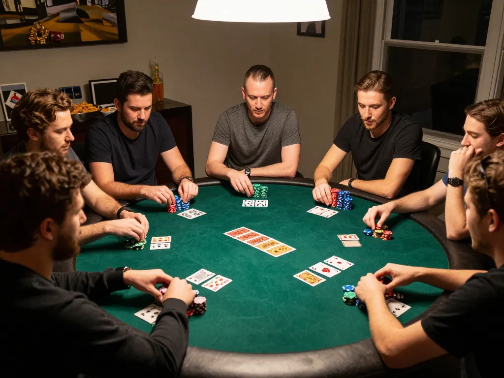 Teman-teman yang terlibat bermain poker di rumah, menunjukkan strategi perjudian aman788 dengan suasana kompetitif