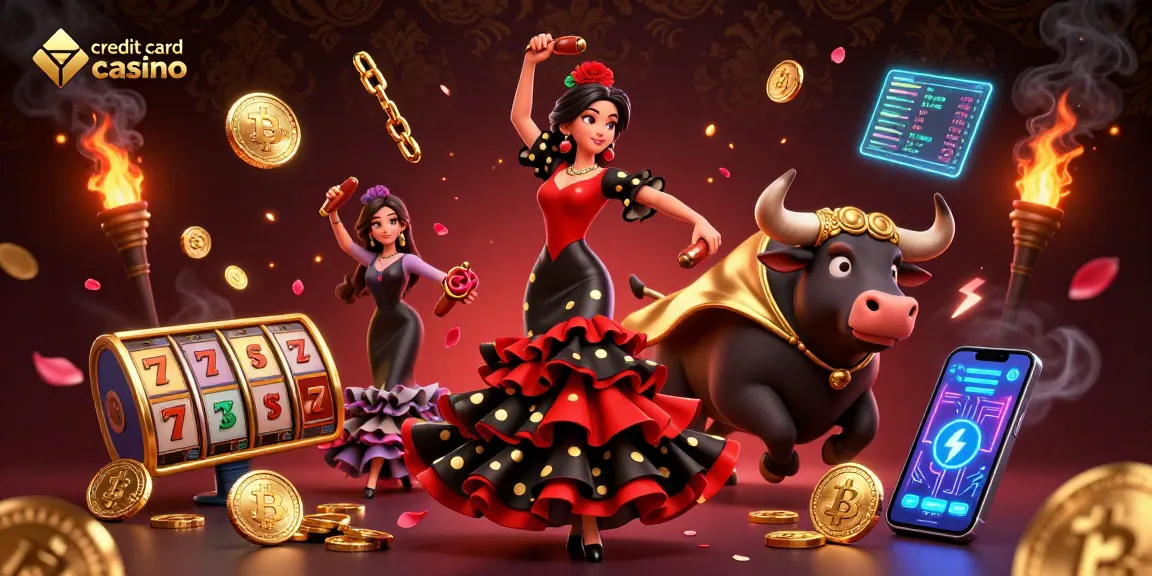 Gorgeous woman performing at a vibrant credit card casino event with slot reels and cryptocurrencies.