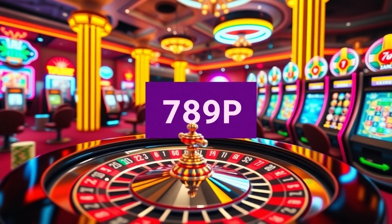 Experience the thrill of gambling with 789P's vibrant online casino atmosphere featuring roulette wheels and poker chips.
