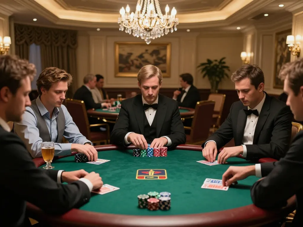 Players engaged in a high-stakes poker game in a private casino setting with cards and chips visible, showcasing the thrill of tr88.