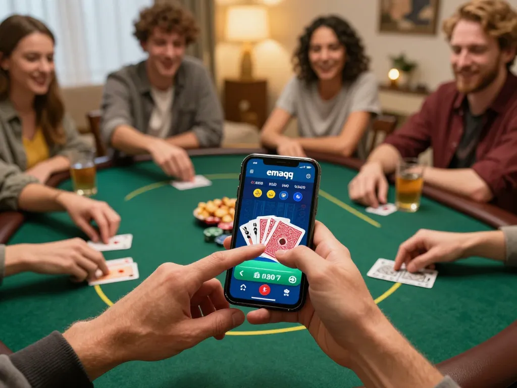 Pemain menggunakan aplikasi emaqq untuk malam permainan poker dengan teman-teman, menunjukkan kegembiraan dan strategi.