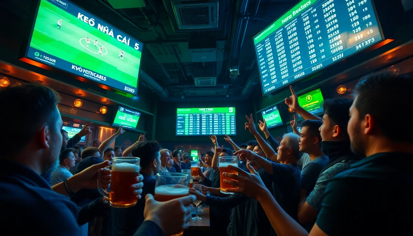Dynamic sports betting environment highlighting kèo nhà cái 5 with enthusiastic fans.