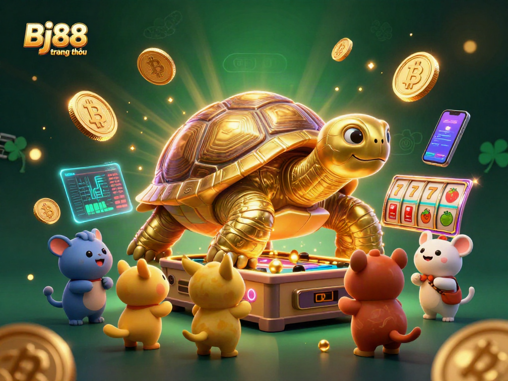 Engage with Bj88 trang chủ via a vibrant 3D digital illustration showcasing exciting casino imagery.